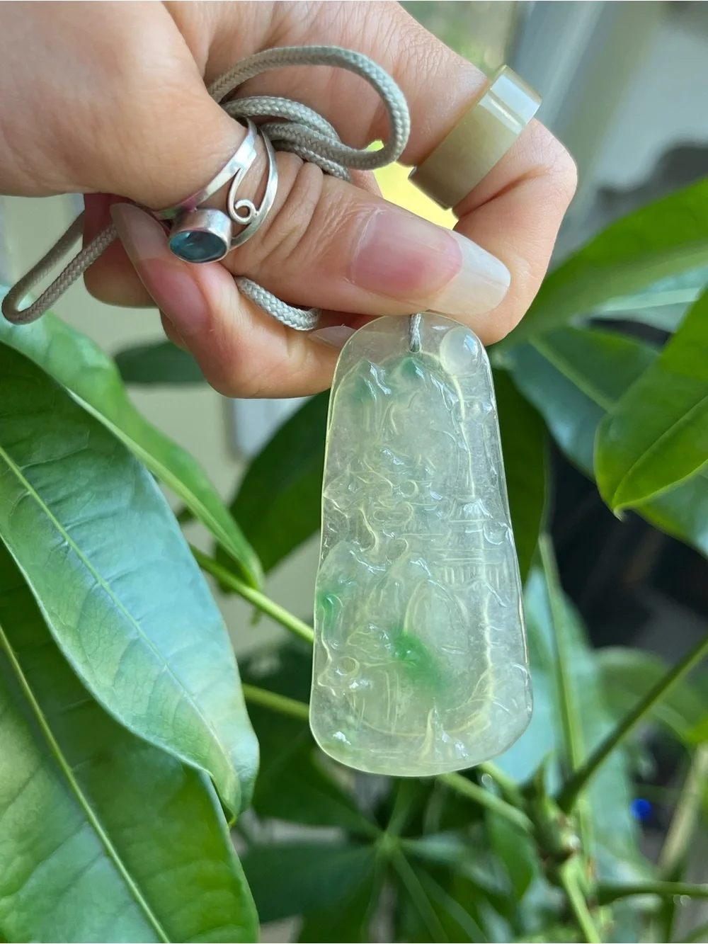 Carved Jadeite Jade Landscape Pendant / Necklace
